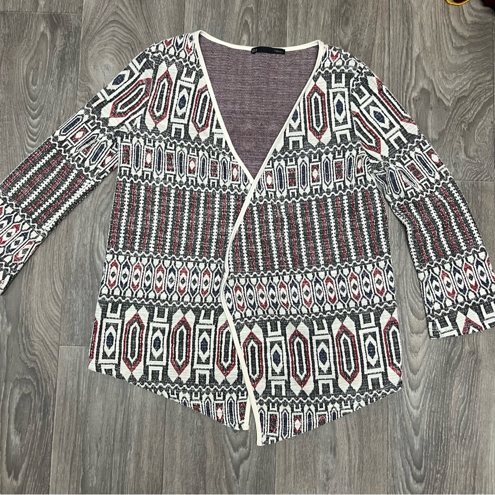 Zara Knit Cardigan Aztec Print Open Front Long Sleeve Bohemian Size S‎